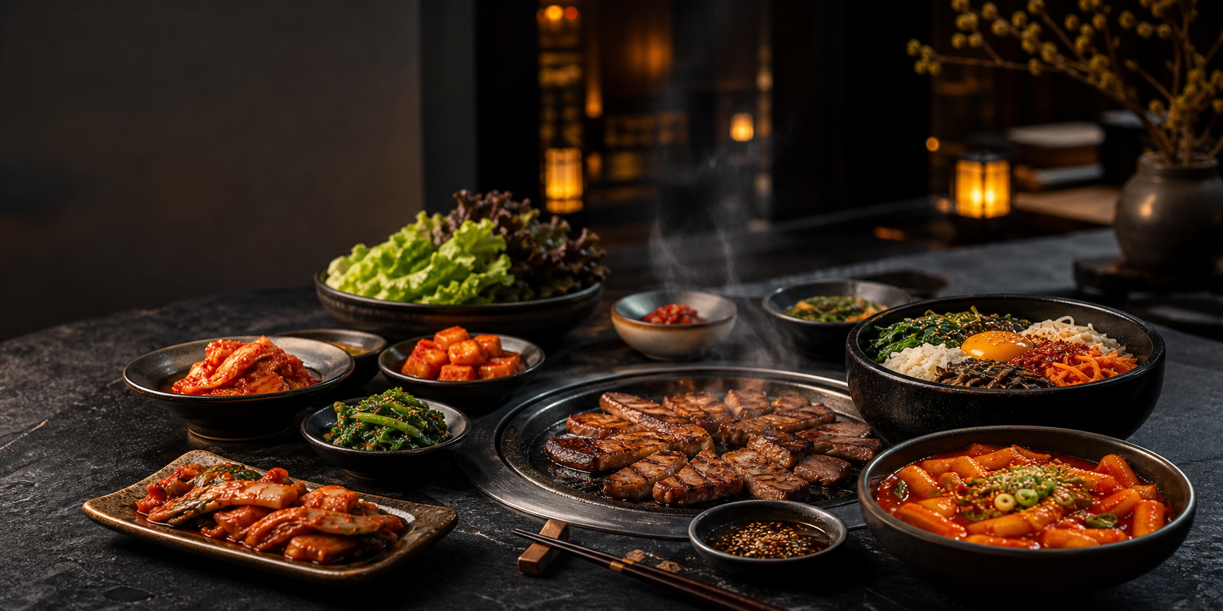 Premium Korean food spread on a dark table